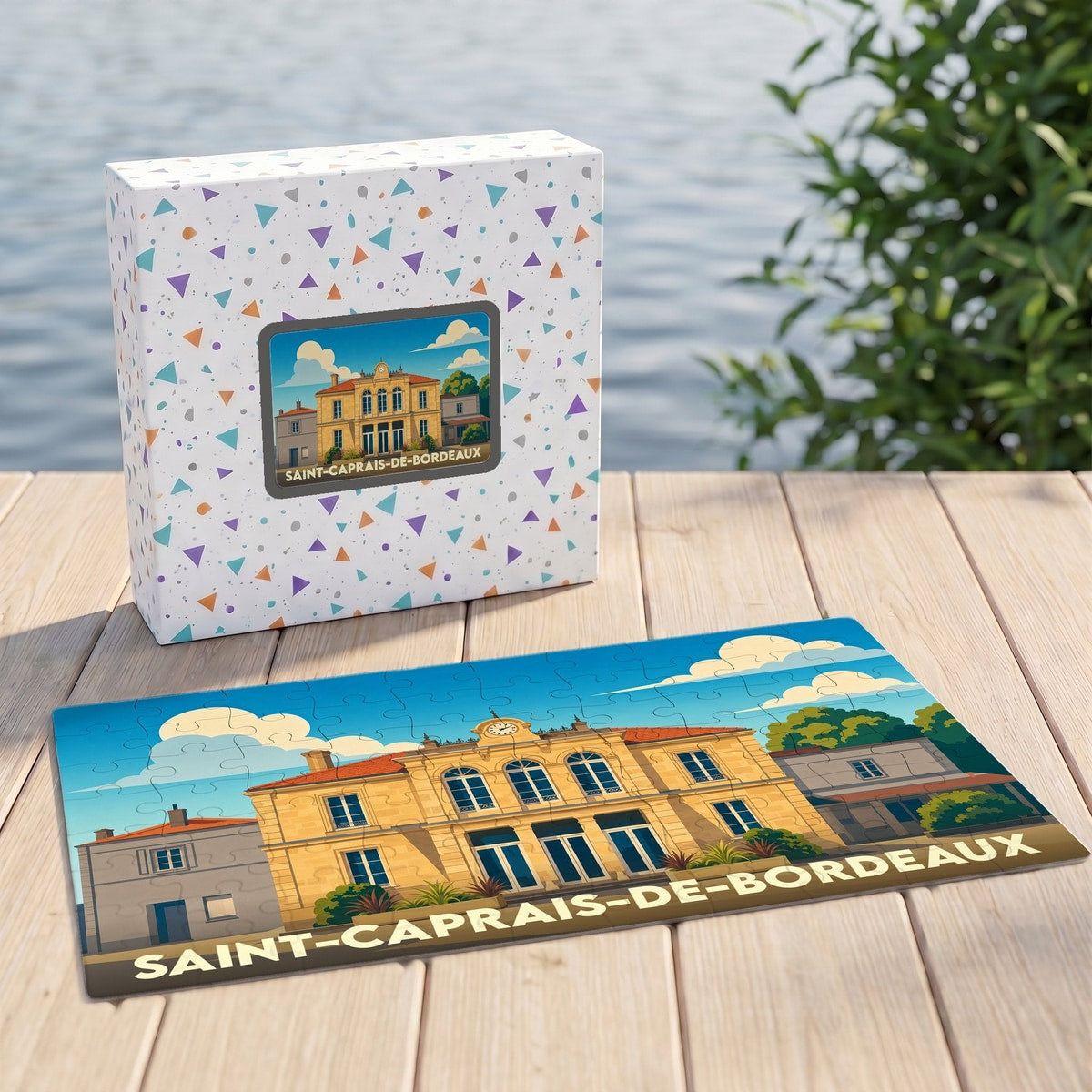 Puzzle souvenir de la ville de Saint-Caprais-de-Bordeaux avec une illustration stylisée de son architecture.