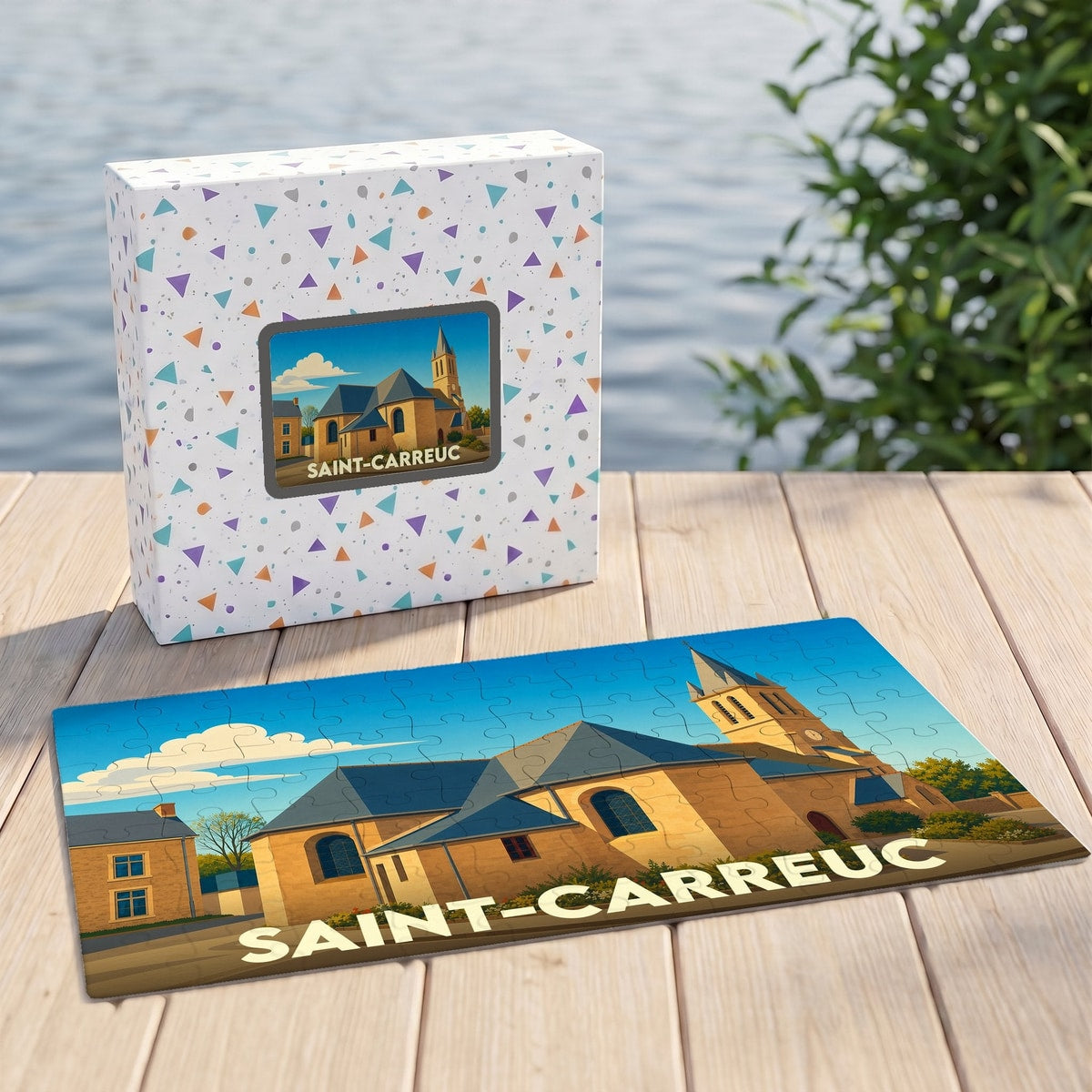 Puzzle souvenir de la ville de Saint-Carreuc avec une illustration stylisée d'une église sous un ciel bleu.