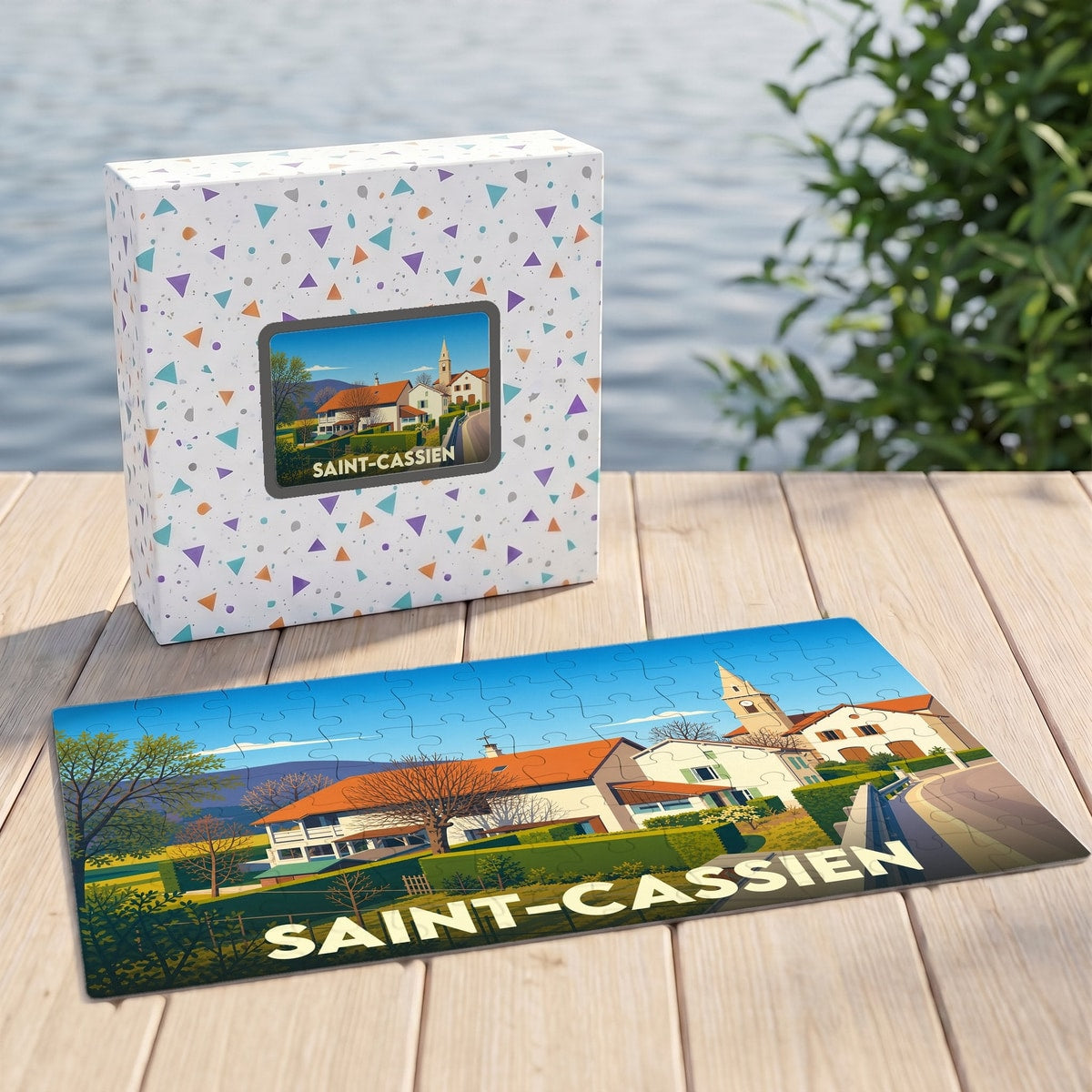 Puzzle souvenir de la ville de Saint-Cassien avec une illustration de village stylisée sur une boîte et un puzzle assemblé.
