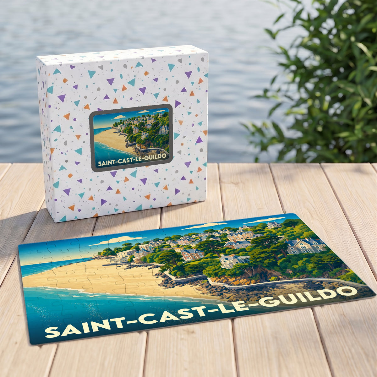 Puzzle souvenir de la ville de Saint-Cast-le-Guildo avec une illustration stylisée d'un paysage côtier.