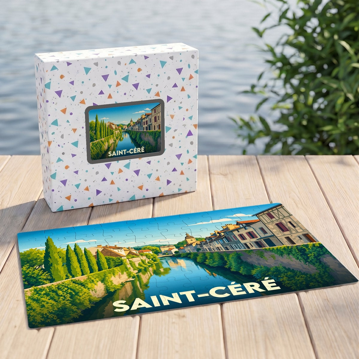 Puzzle souvenir de la ville de Saint-Céré avec une illustration stylisée.