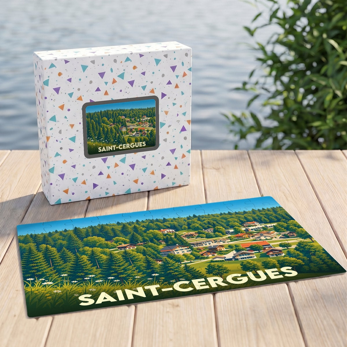 Puzzle souvenir de la ville de Saint-Cergues avec une illustration stylisée d'un paysage montagneux.