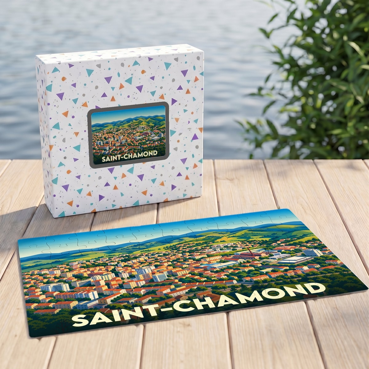 Puzzle souvenir de la ville de Saint-Chamond avec une illustration panoramique stylisée.