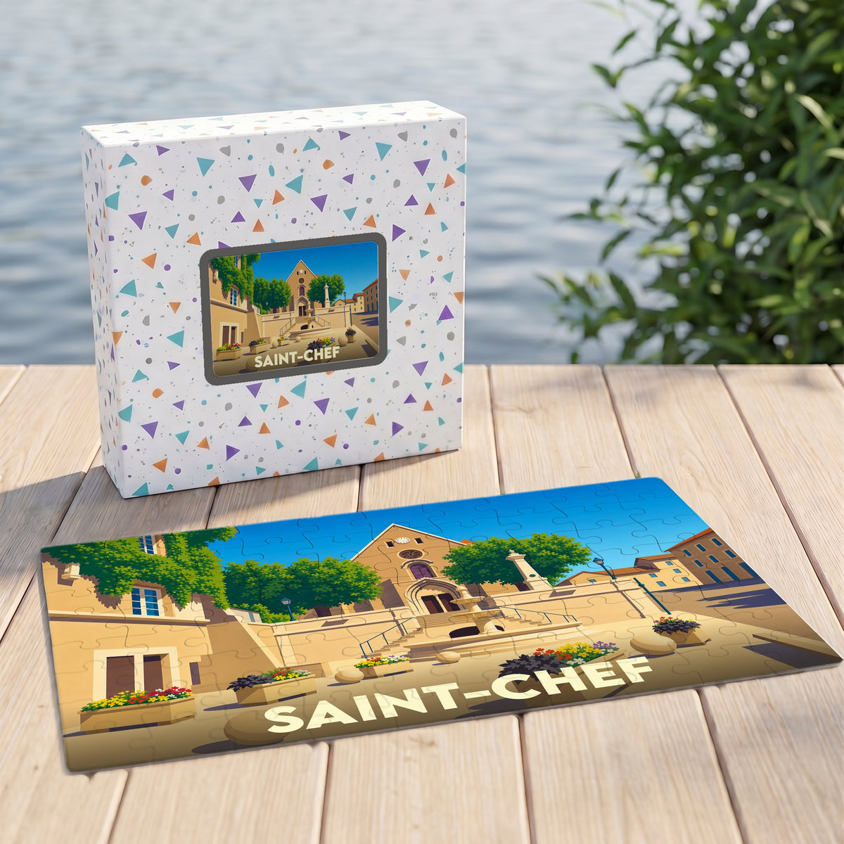 Puzzle souvenir de la ville de Saint-Chef avec une illustration stylisée et colorée.