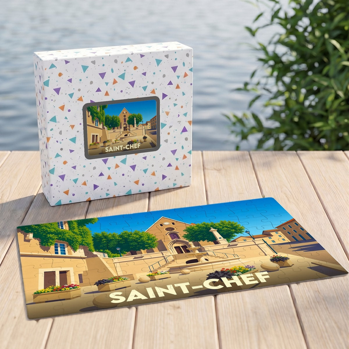 Puzzle souvenir de la ville de Saint-Chef avec une illustration stylisée et colorée.