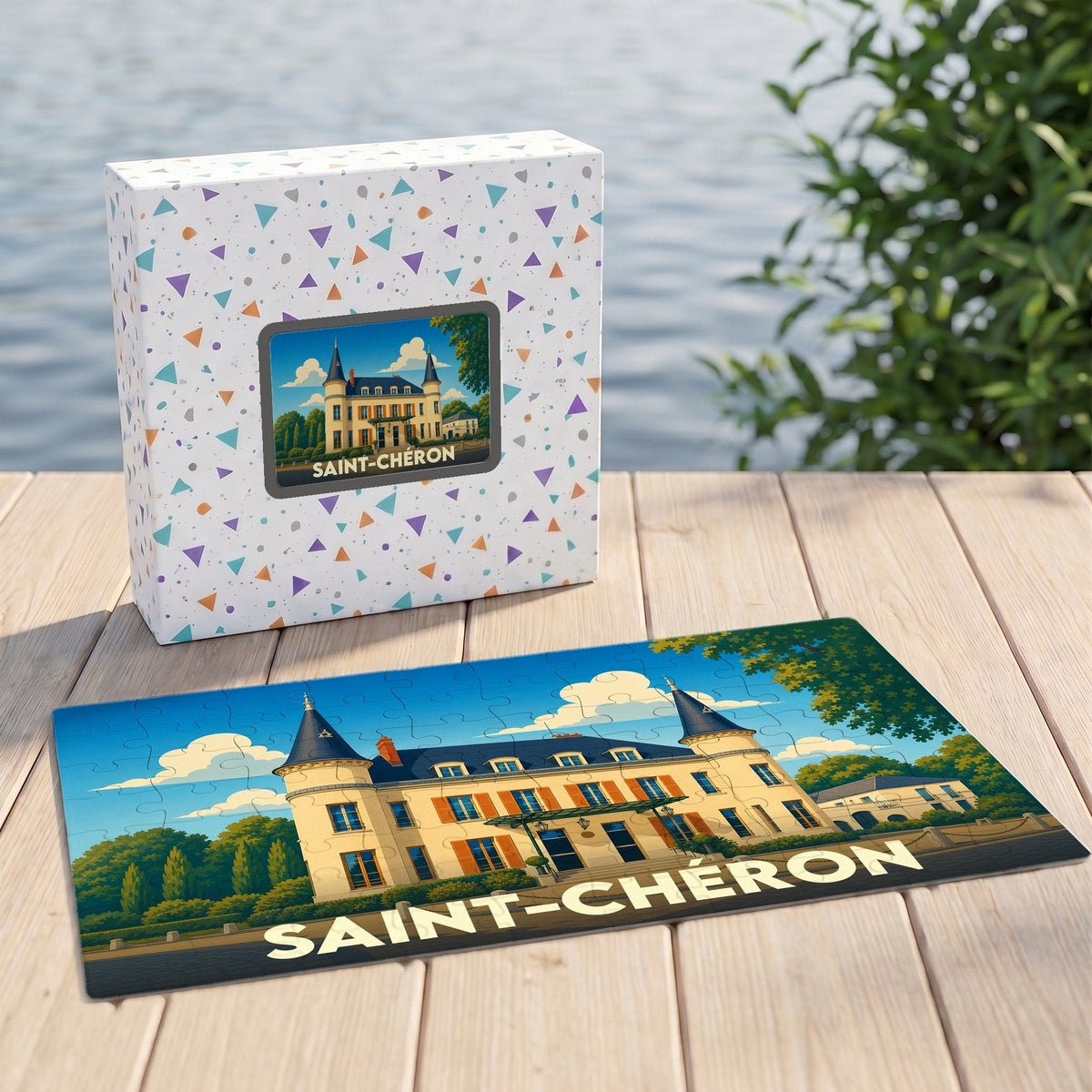 Puzzle souvenir de la ville de Saint-Chéron avec une illustration stylisée d'un château.