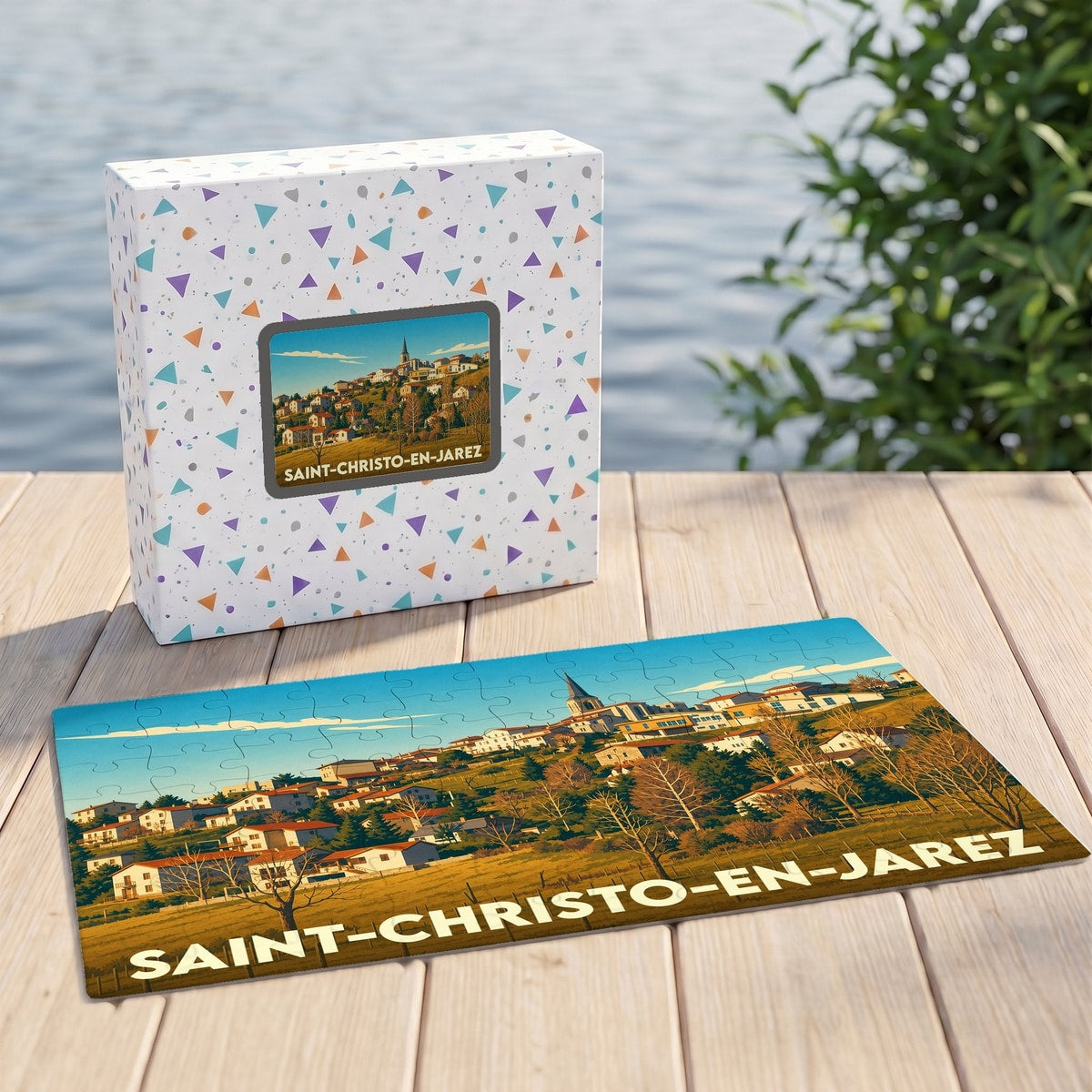 Puzzle souvenir de la ville de Saint-Christo-en-Jarez avec une illustration stylisée.