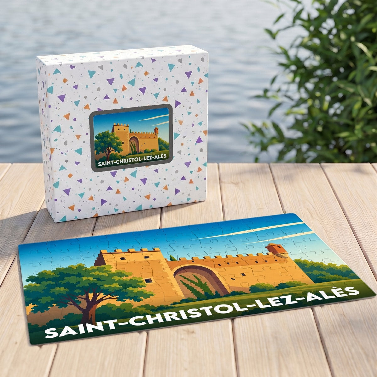 Puzzle souvenir de la ville de Saint-Christol-lez-Alès avec une illustration stylisée de ses remparts.