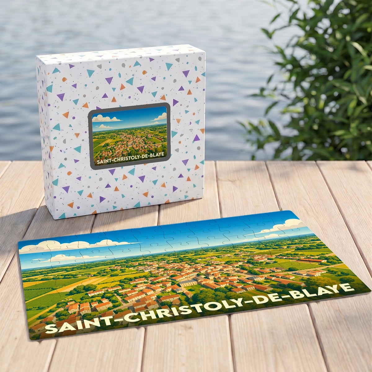 Puzzle souvenir de la ville de Saint-Christoly-de-Blaye avec une illustration panoramique stylisée.
