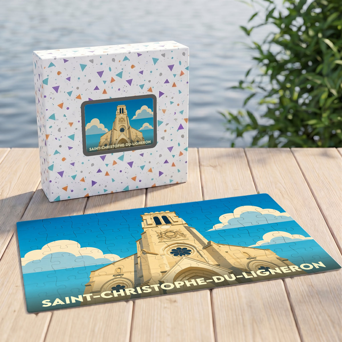 Puzzle souvenir de la ville de Saint-Christophe-du-Ligneron avec une illustration stylisée de son église.