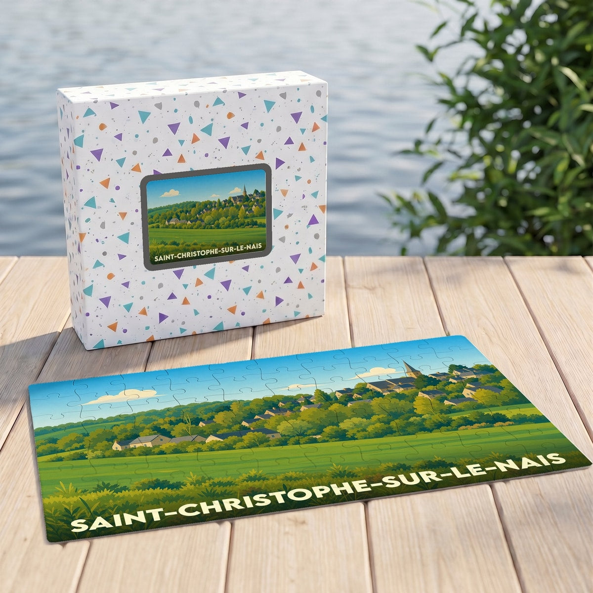 Puzzle souvenir de la ville de Saint-Christophe-sur-le-Nais avec une illustration paysagère stylisée.