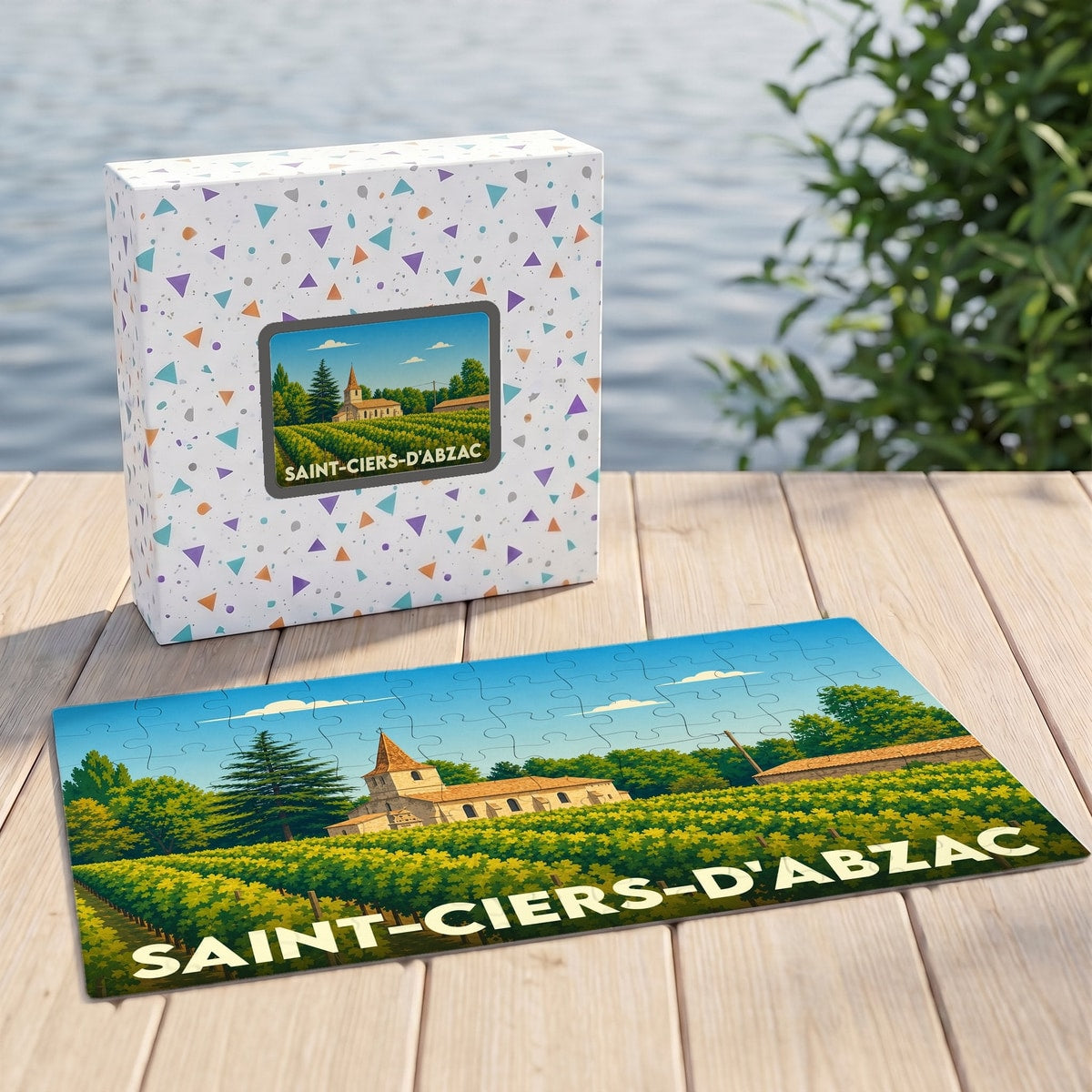 Puzzle souvenir de la ville de Saint-Ciers-d'Abzac avec une illustration stylisée d'un vignoble et de son église.