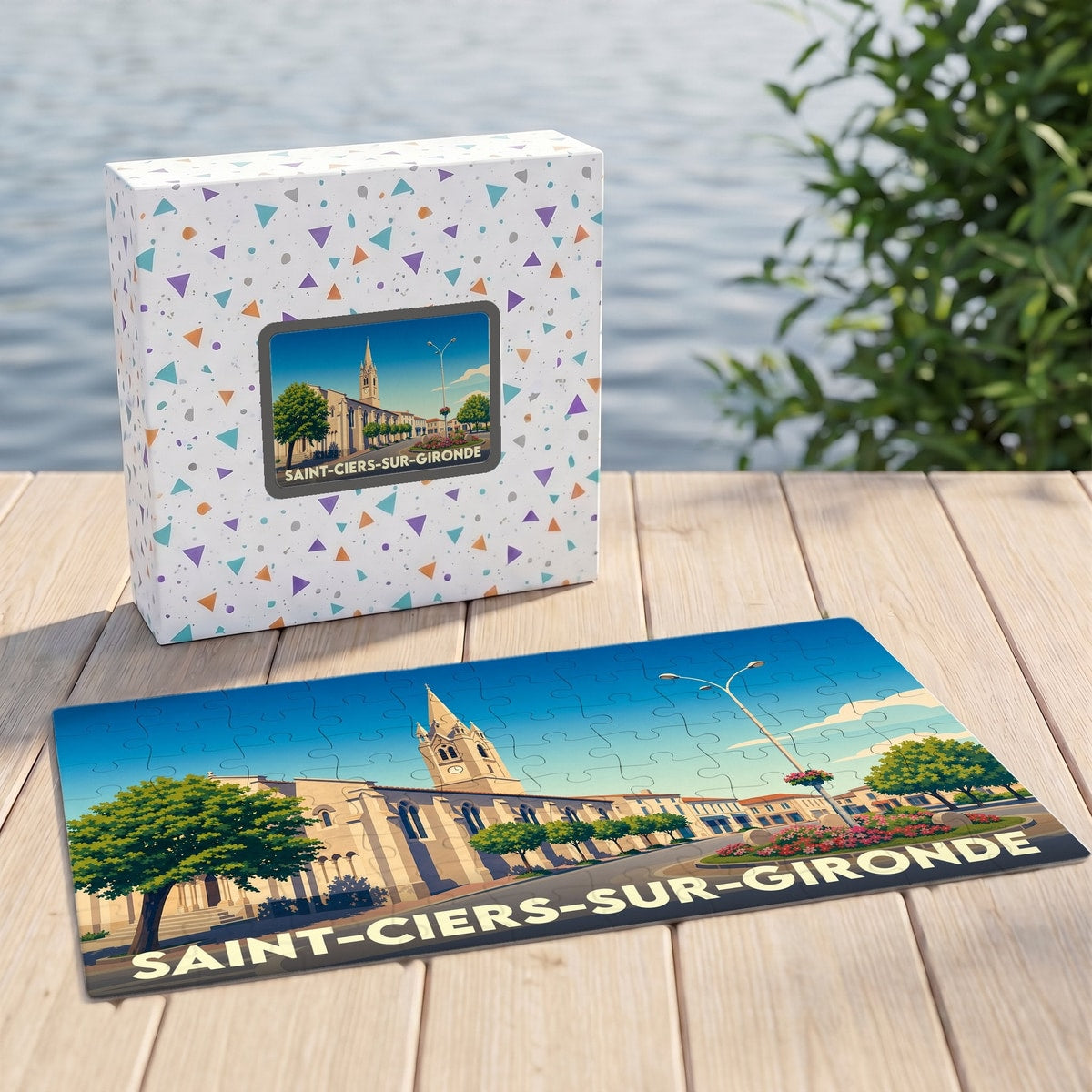 Puzzle souvenir de la ville de Saint-Ciers-sur-Gironde avec une illustration stylisée de son église et de ses rues.