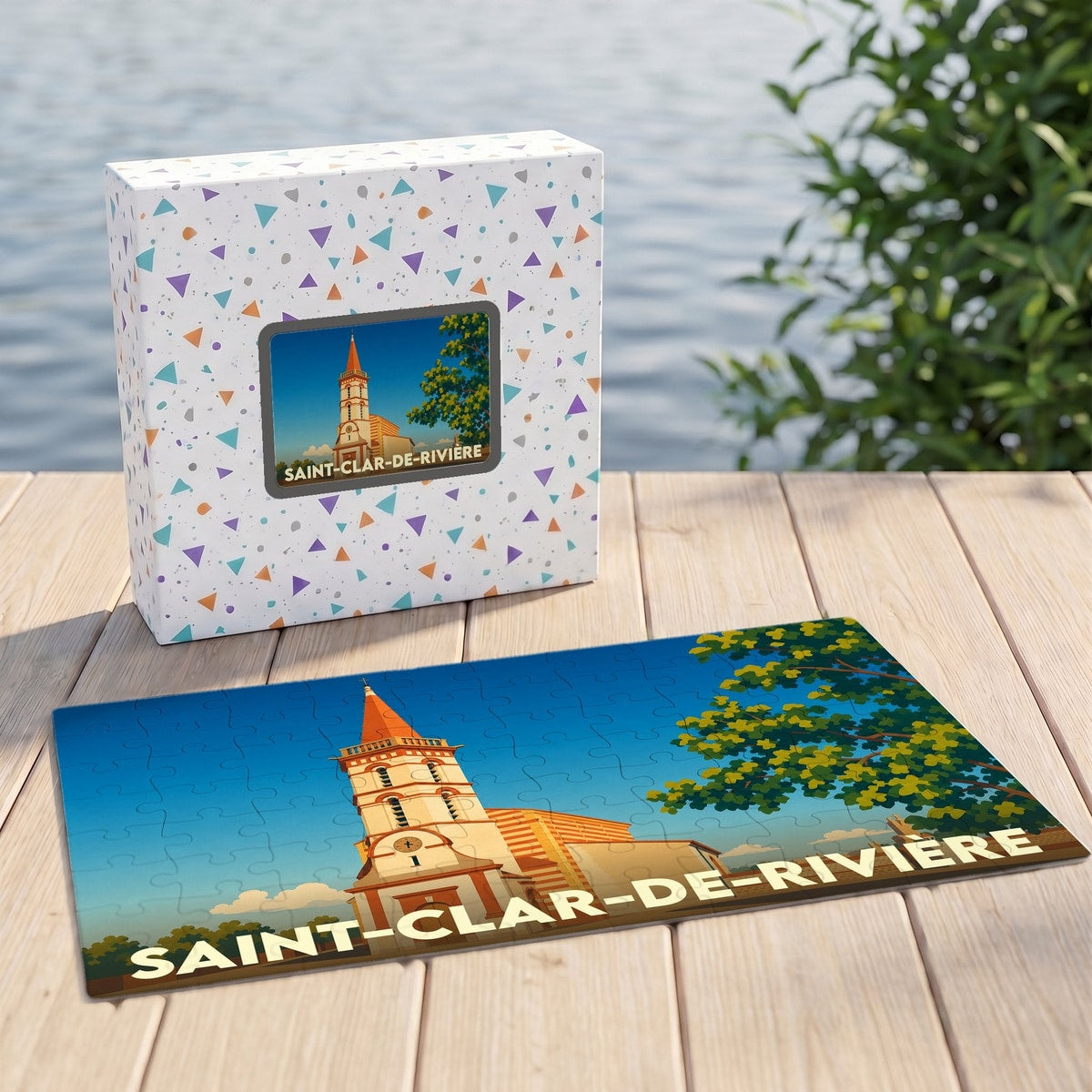Puzzle souvenir de la ville de Saint-Clar-de-Rivière avec une illustration stylisée de son église.