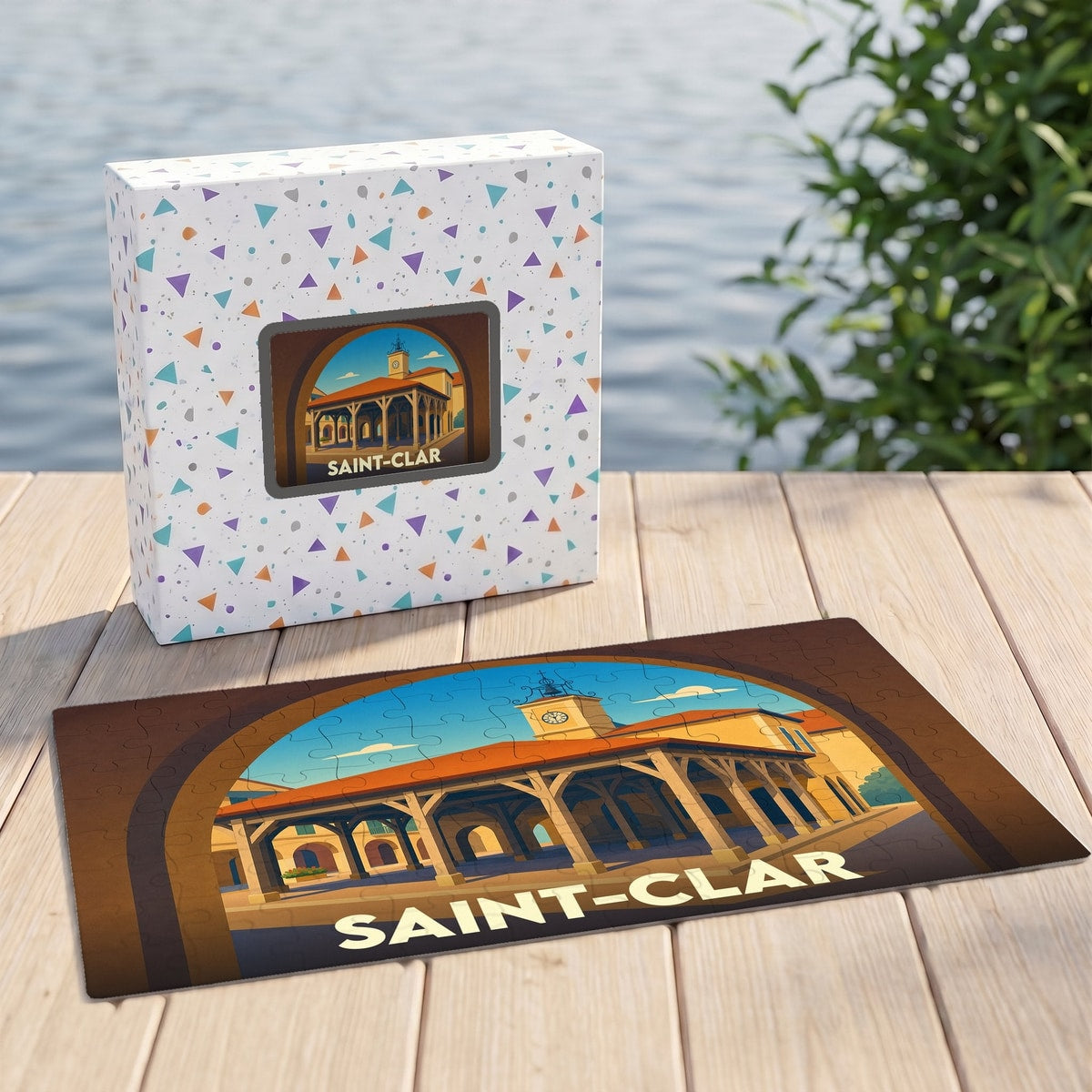 Puzzle souvenir de la ville de Saint-Clar avec une illustration stylisée.
