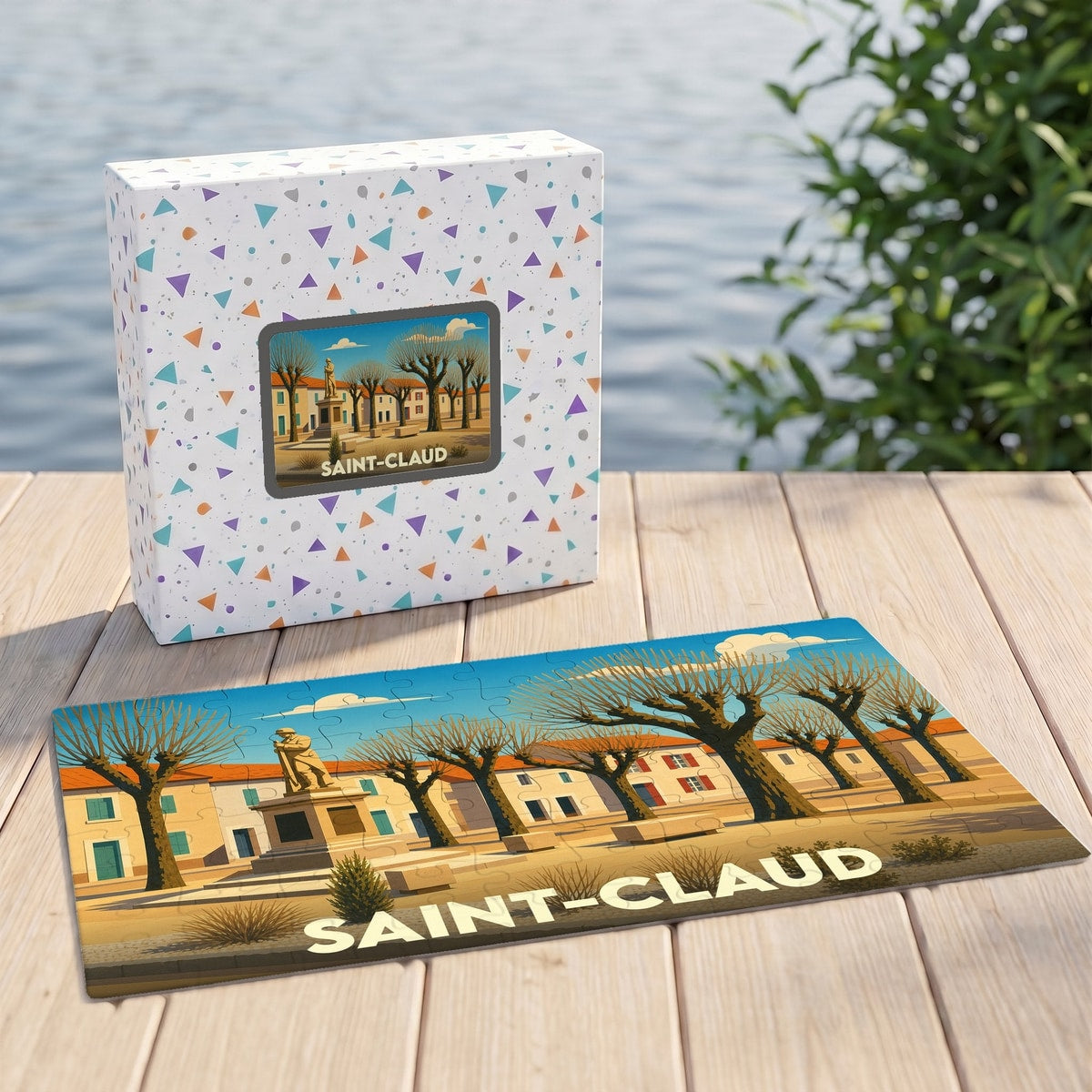 Puzzle souvenir de la ville de Saint-Claud avec une illustration stylisée d'une place arborée.