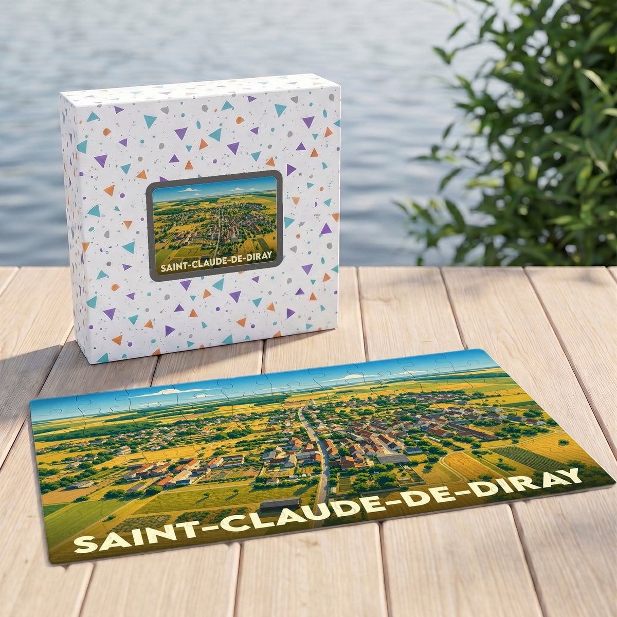 Puzzle souvenir de la ville de Saint-Claude-de-Diray illustré par une vue aérienne stylisée.
