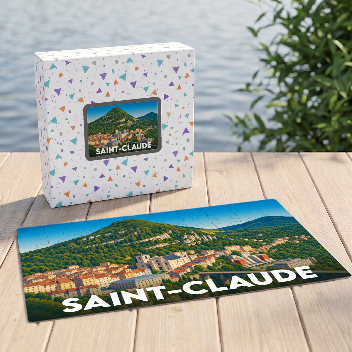 Puzzle souvenir de la ville de Saint-Claude avec une illustration stylisée d'un paysage montagneux.