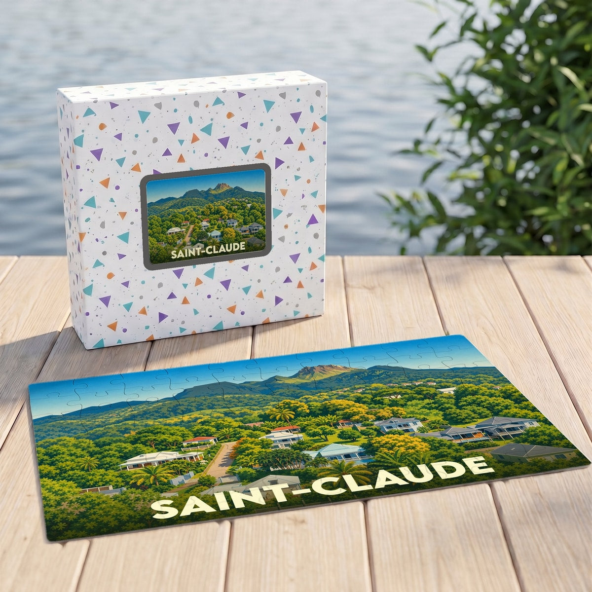 Puzzle souvenir de la ville de Saint-Claude avec une illustration de paysage tropical et montagneux.