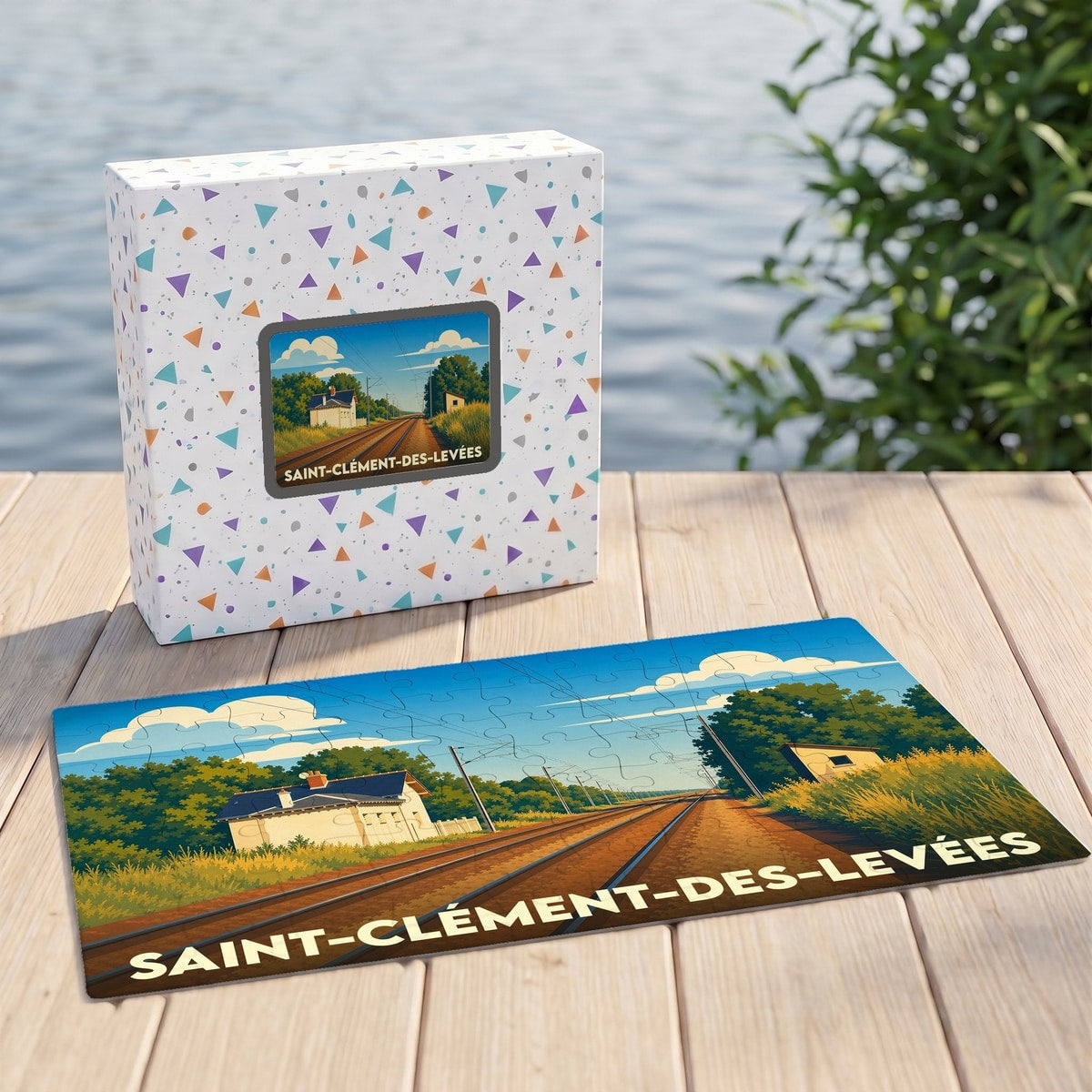 Puzzle souvenir de la ville de Saint-Clément-des-Levées avec une illustration stylisée d'un paysage ferroviaire.