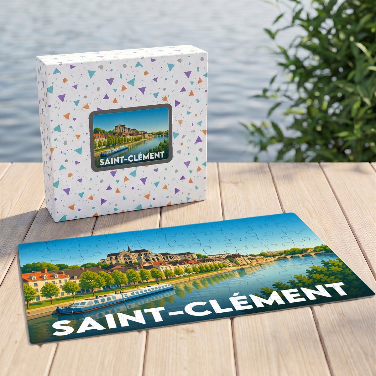 Puzzle souvenir de la ville de Saint-Clément illustrant un paysage fluvial urbain.