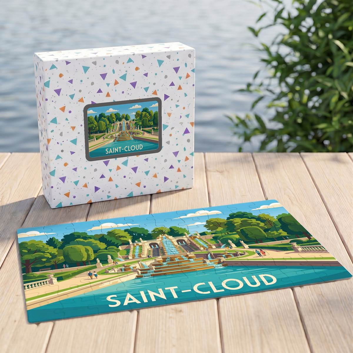 Puzzle souvenir de la ville de Saint-Cloud avec une illustration colorée de son parc et de sa grande cascade.