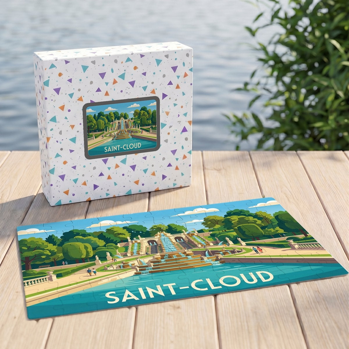 Puzzle souvenir de la ville de Saint-Cloud avec une illustration colorée de son parc et de sa grande cascade.