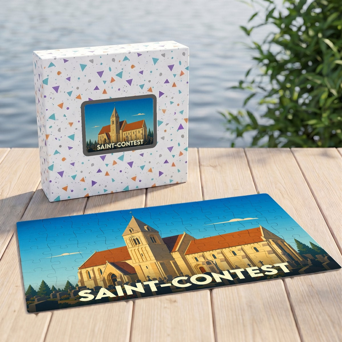 Puzzle souvenir de la ville de Saint-Contest avec une illustration stylisée de son église.