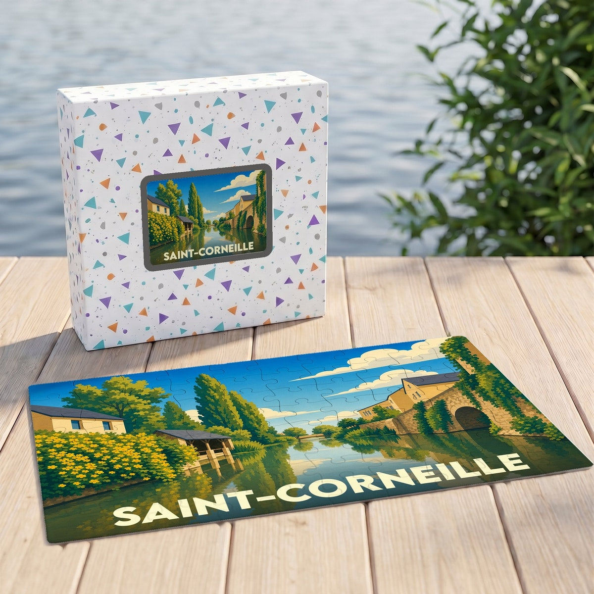 Puzzle souvenir de la ville de Saint-Corneille avec une illustration stylisée d'un paysage fluvial.