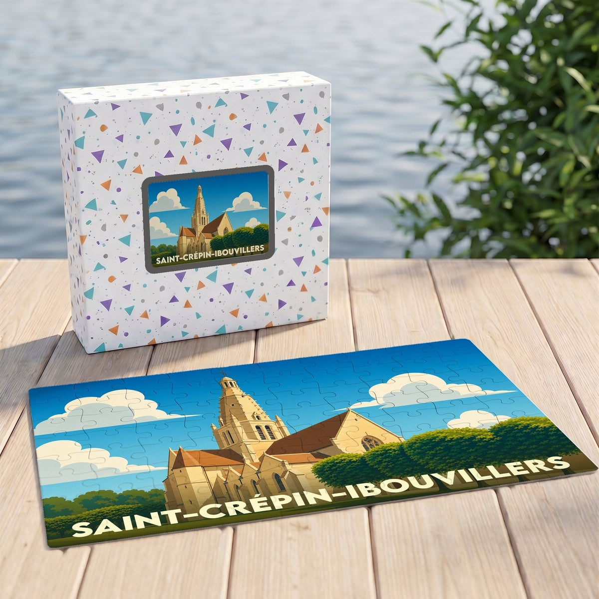 Puzzle souvenir de la ville de Saint-Crépin-Ibouvillers avec une illustration stylisée de son église.