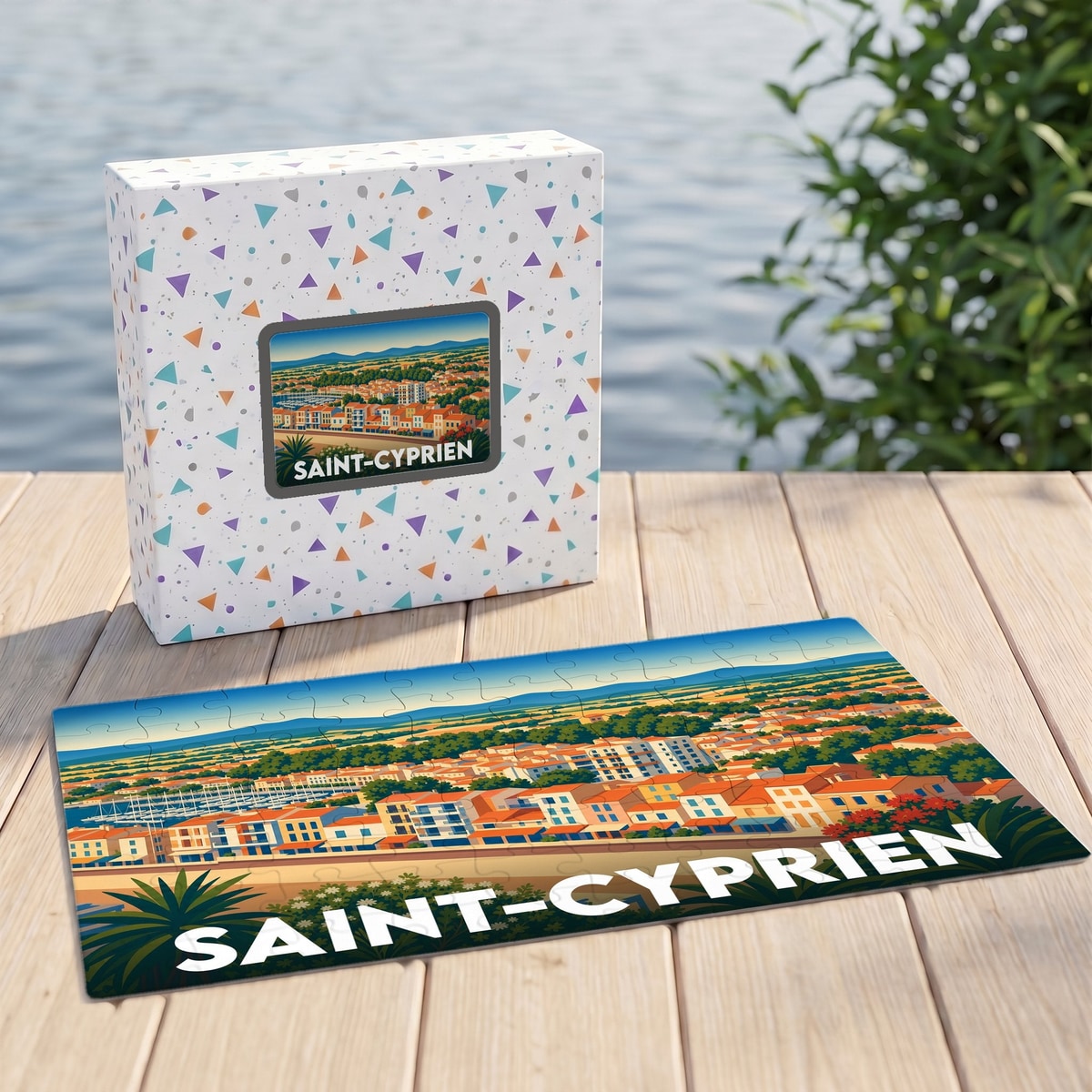 Puzzle souvenir de la ville de Saint-Cyprien avec une illustration stylisée du bord de mer et de son port.