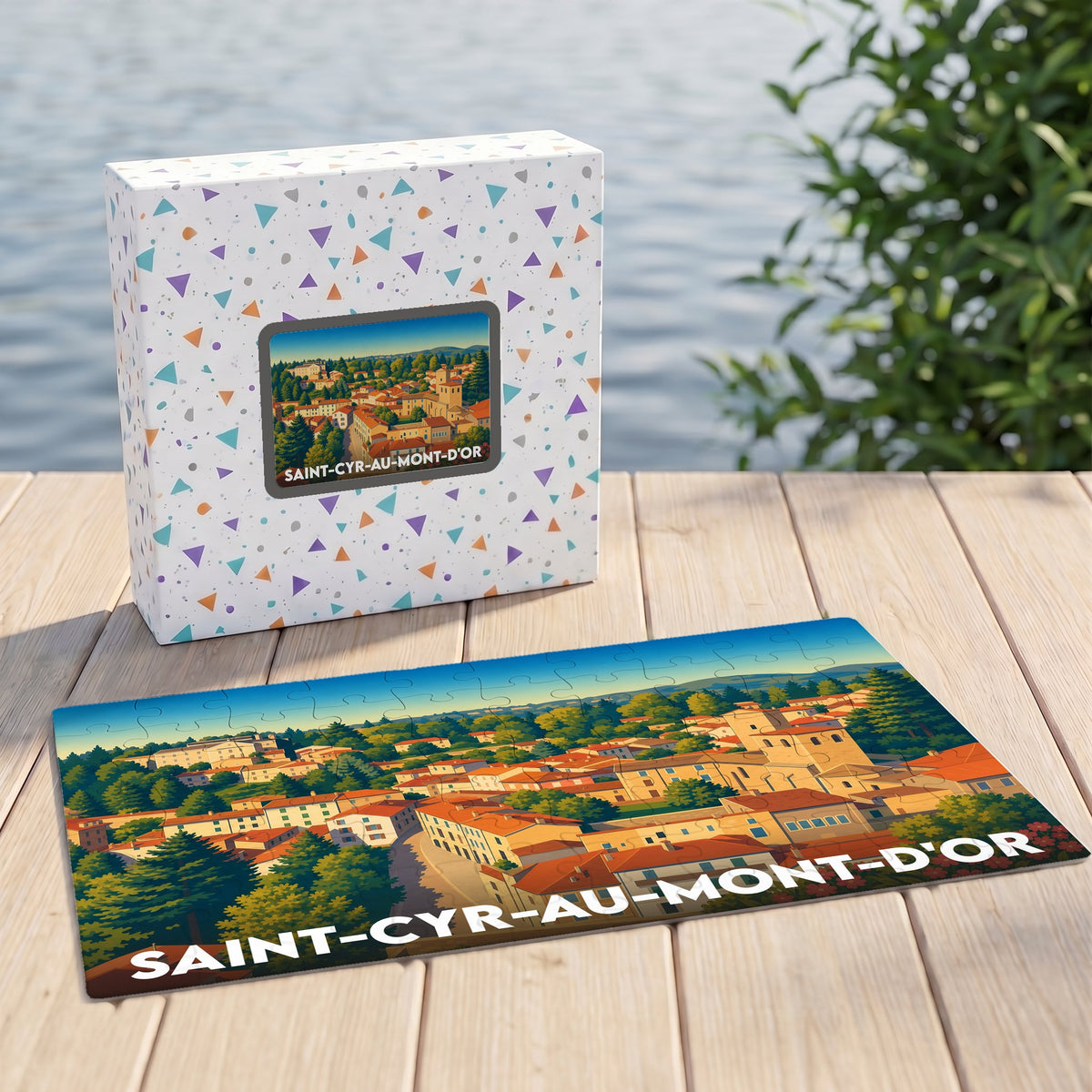 Puzzle souvenir de la ville de Saint-Cyr-au-Mont-d'Or avec une illustration panoramique colorée.