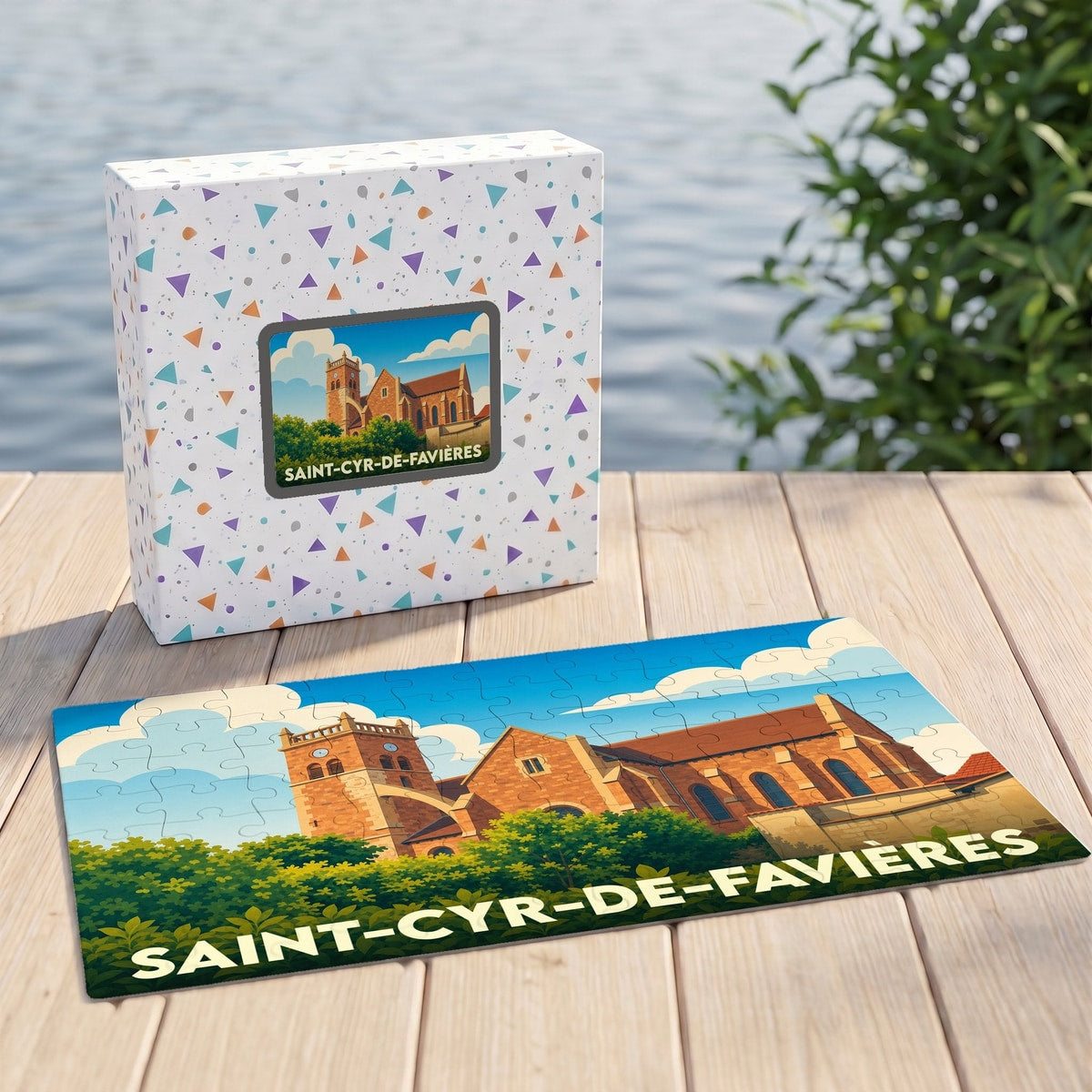 Puzzle souvenir de la ville de Saint-Cyr-de-Favières avec une illustration stylisée de son église.