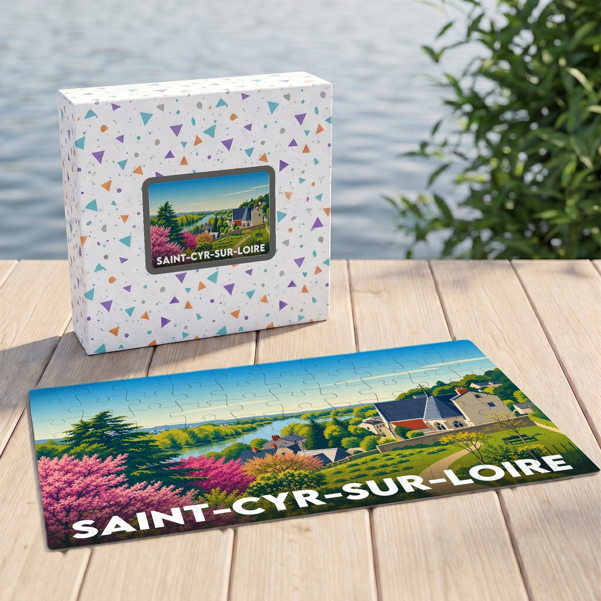 Puzzle souvenir de la ville de Saint-Cyr-sur-Loire avec une illustration de paysage colorée et sa boîte assortie.