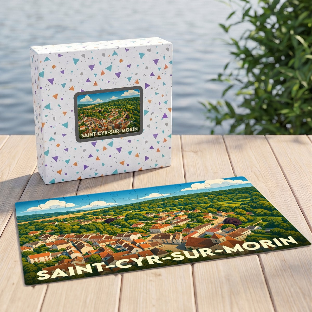 Puzzle souvenir de la ville de Saint-Cyr-sur-Morin avec une illustration panoramique stylisée.