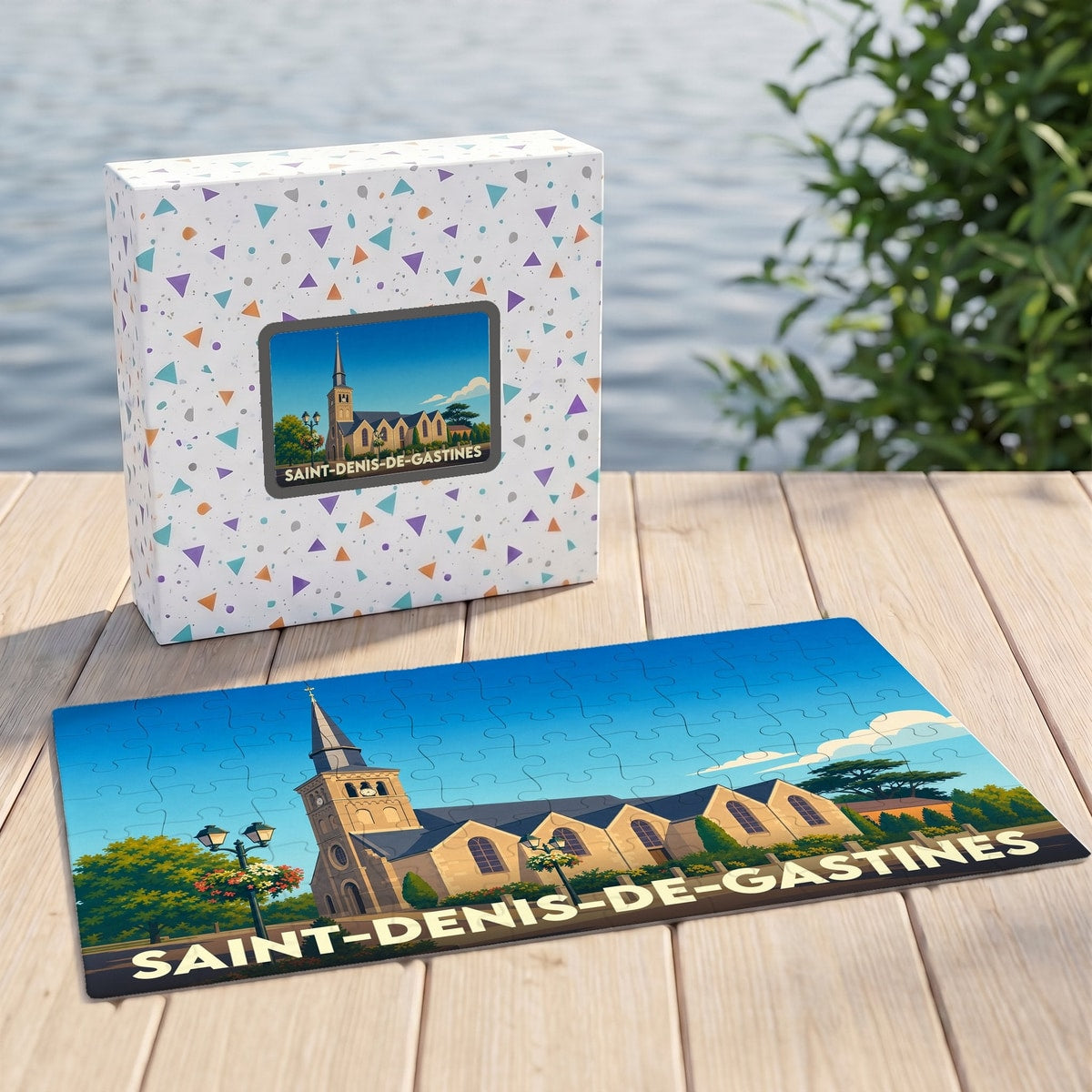 Puzzle souvenir de Saint-Denis-de-Gastines représentant son église dans un style illustration rétro.