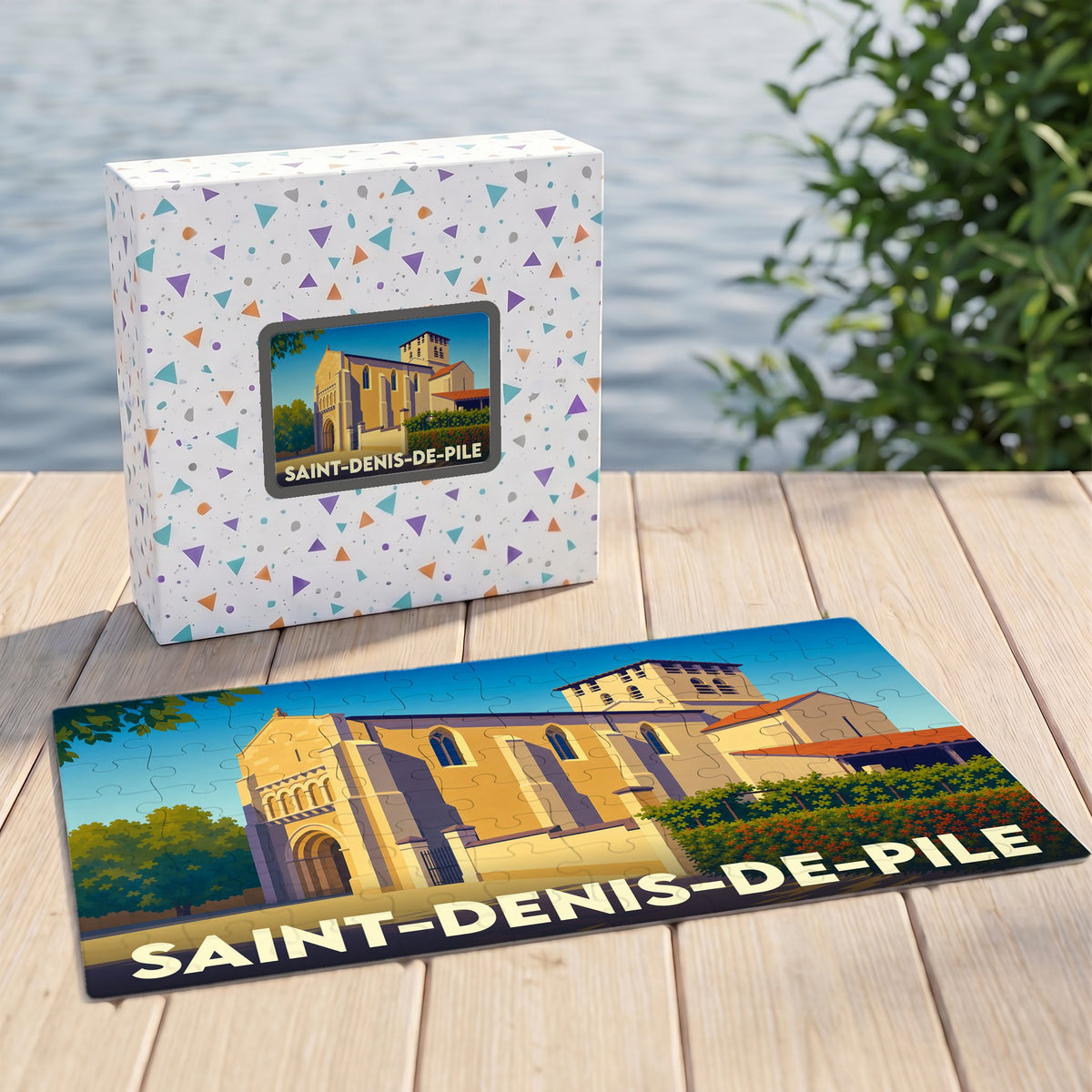 Puzzle souvenir de la ville de Saint-Denis-de-Pile avec une illustration stylisée de son église.