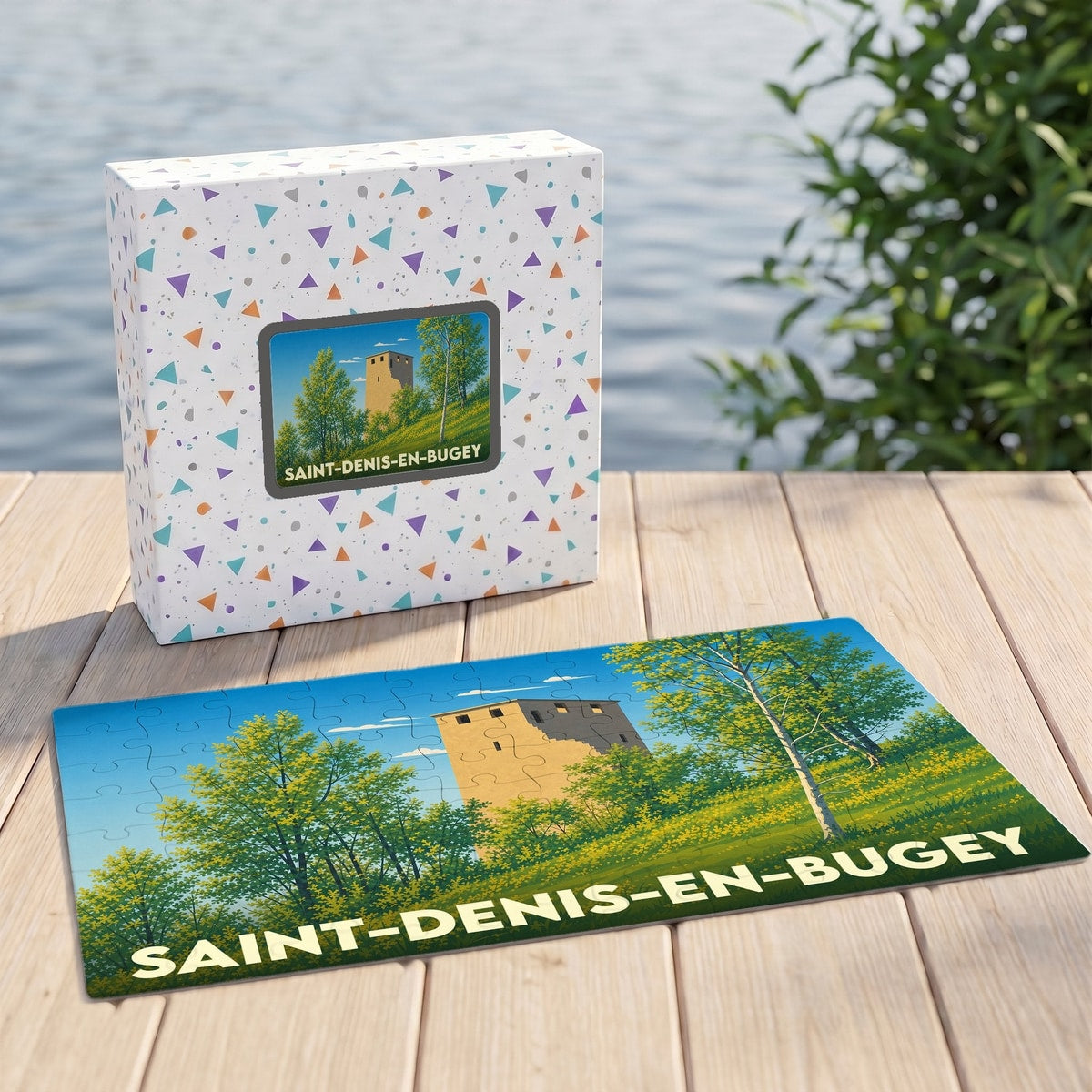 Puzzle souvenir de la ville de Saint-Denis-en-Bugey avec une illustration de sa tour médiévale.