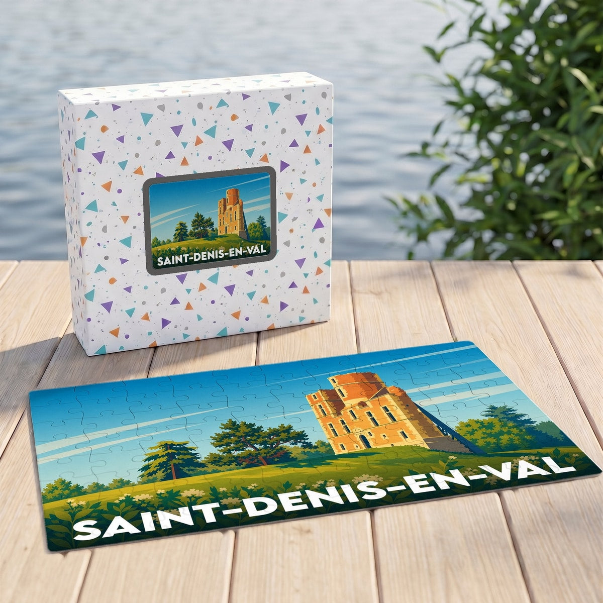 Puzzle souvenir de la ville de Saint-Denis-en-Val avec une illustration stylisée d'un château.