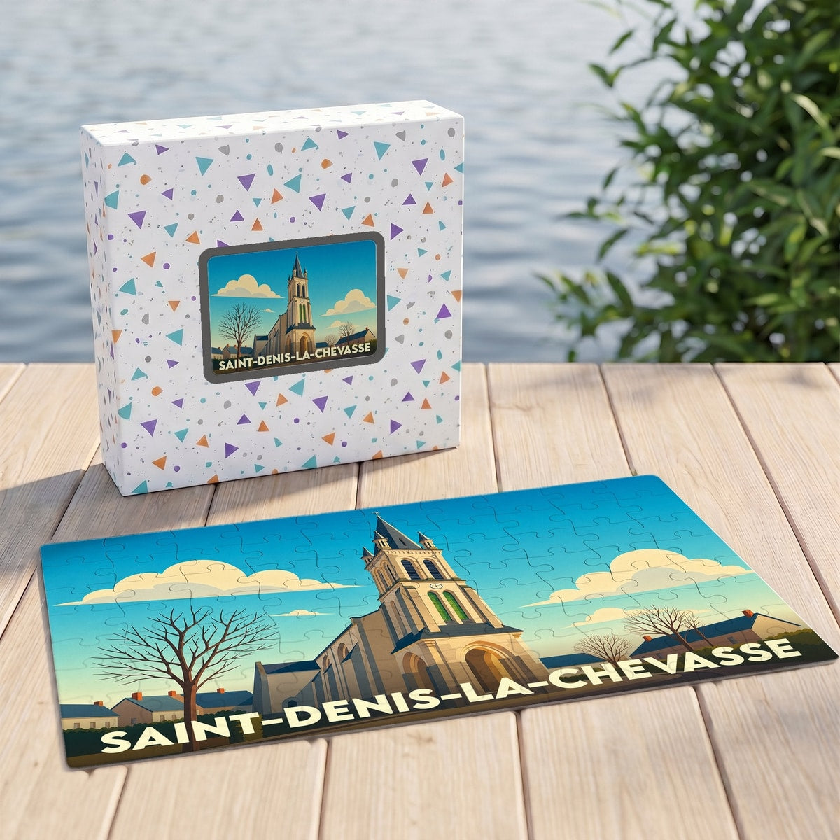 Puzzle souvenir de la ville de Saint-Denis-la-Chevasse avec une illustration stylisée de son église.
