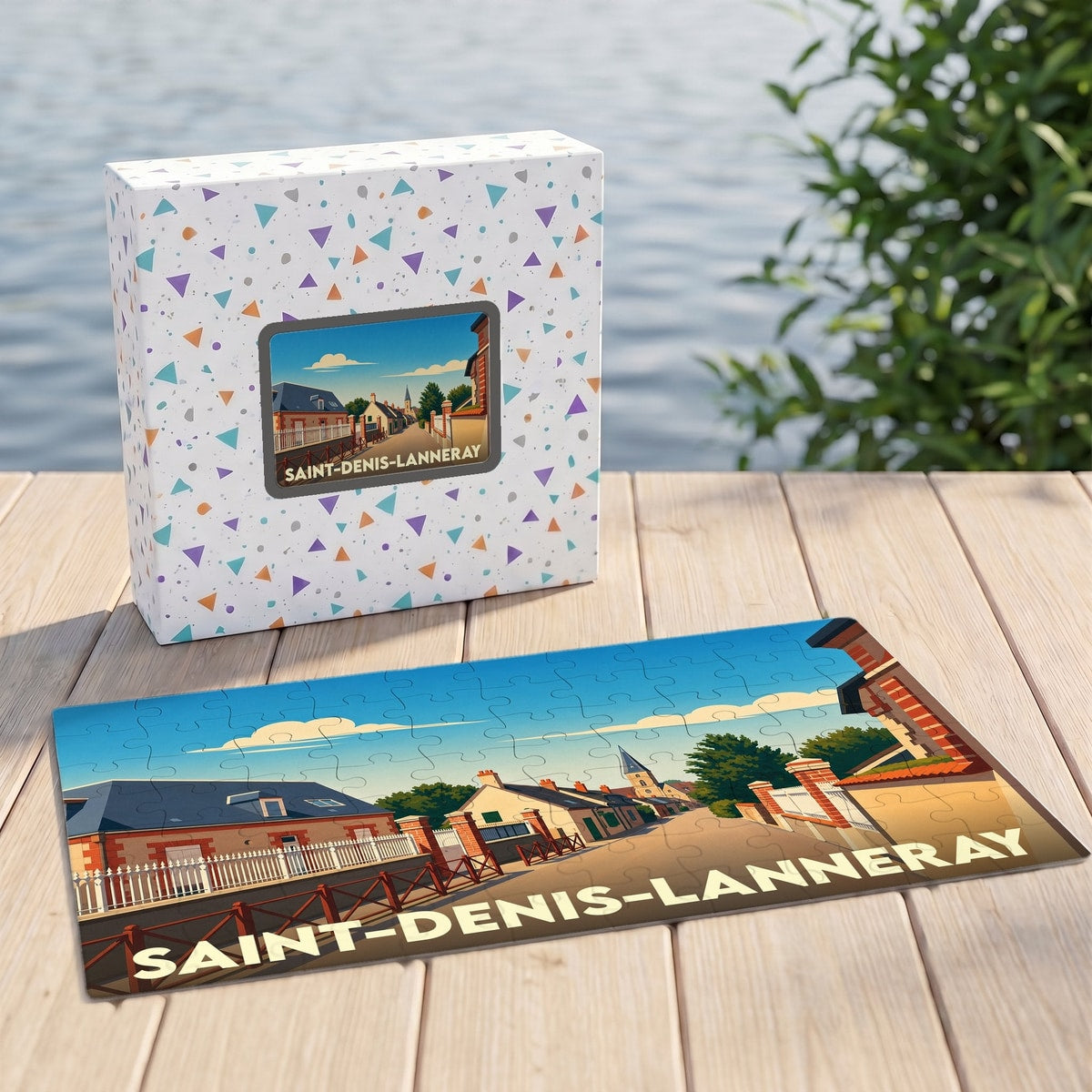 Puzzle souvenir de la ville de Saint-Denis-Lanneray avec son illustration stylisée et sa boîte assortie.
