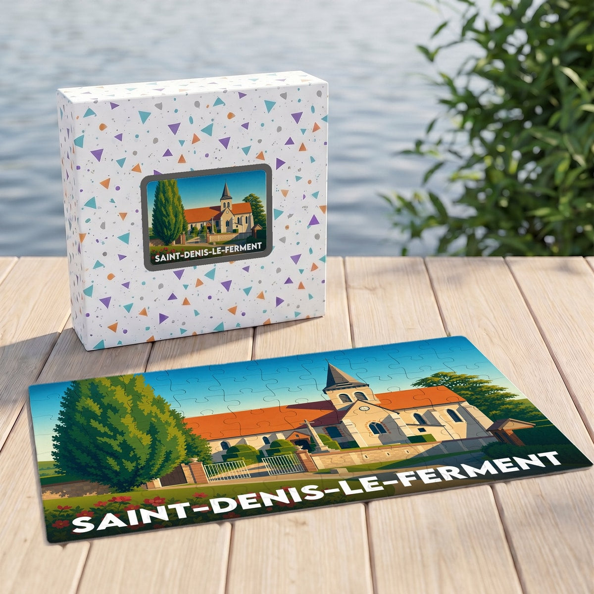 Puzzle souvenir de la ville de Saint-Denis-le-Ferment avec une illustration stylisée de son église.