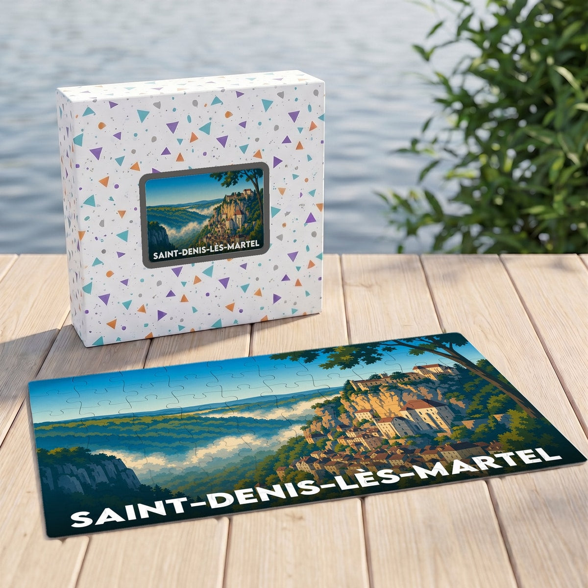 Puzzle souvenir de la ville de Saint-Denis-lès-Martel avec une illustration stylisée d'un paysage panoramique.