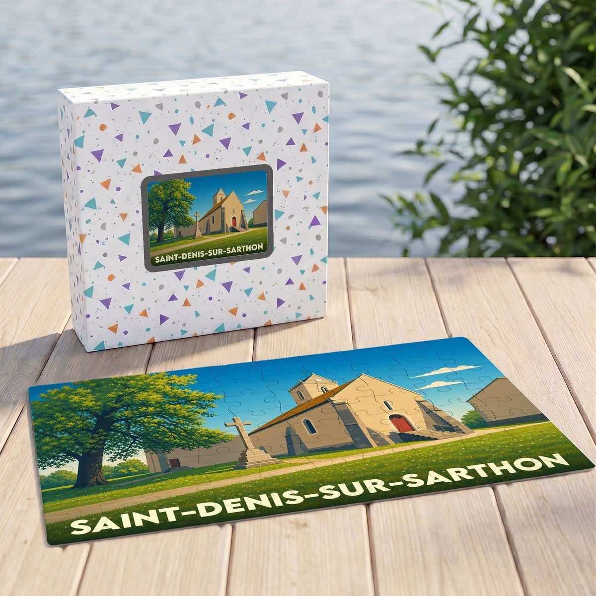 Puzzle souvenir de la ville de Saint-Denis-sur-Sarthon avec une illustration stylisée de son église.
