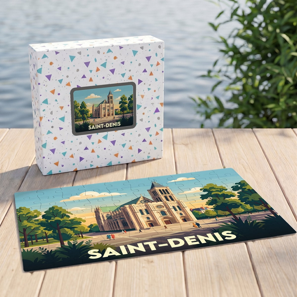 Puzzle souvenir de la ville de Saint-Denis avec une illustration stylisée de sa basilique.