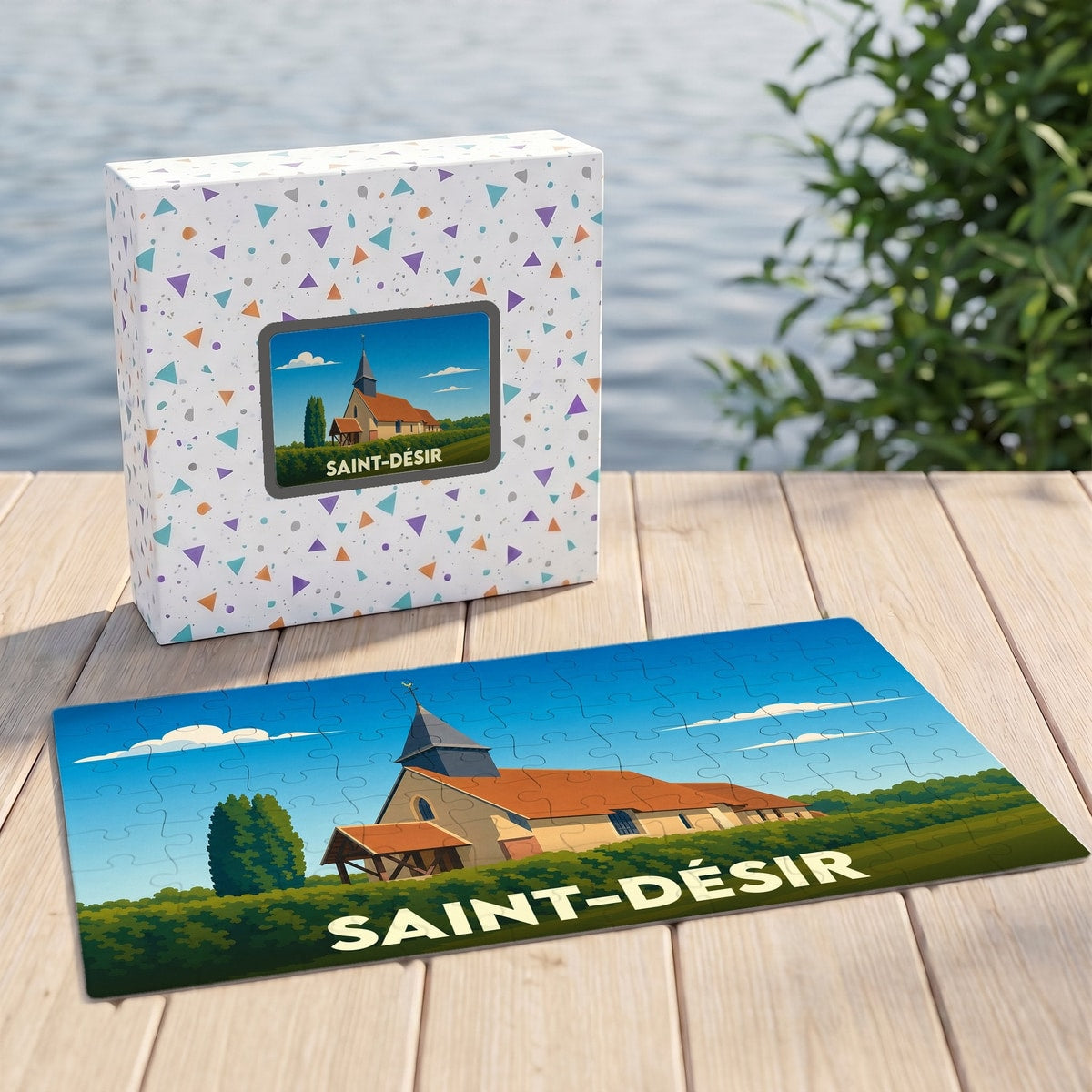 Puzzle souvenir de la ville de Saint-Désir avec une illustration stylisée d'une église de campagne.