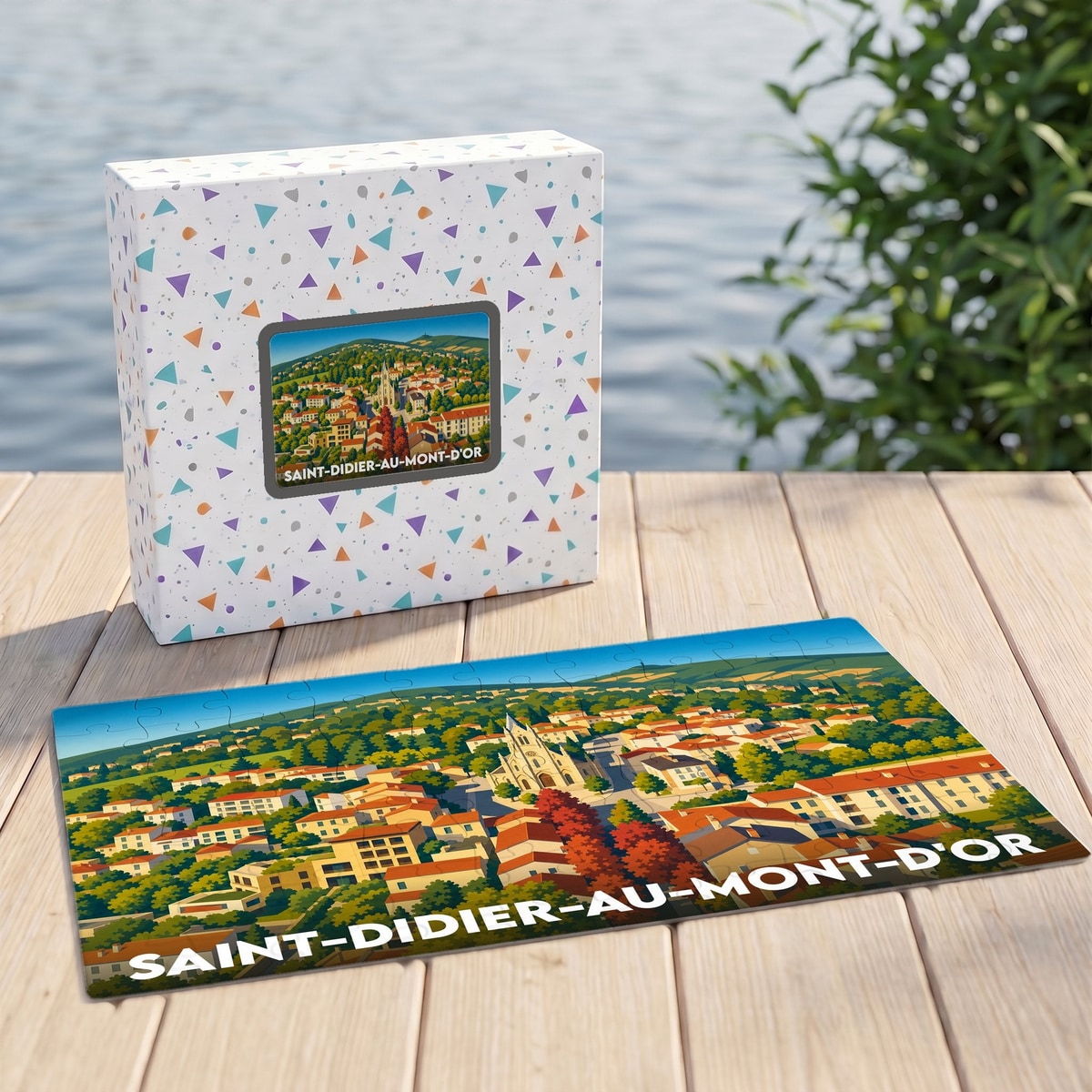 Puzzle souvenir de la ville de Saint-Didier-au-Mont-d'Or avec une illustration stylisée de ses paysages et de son église.
