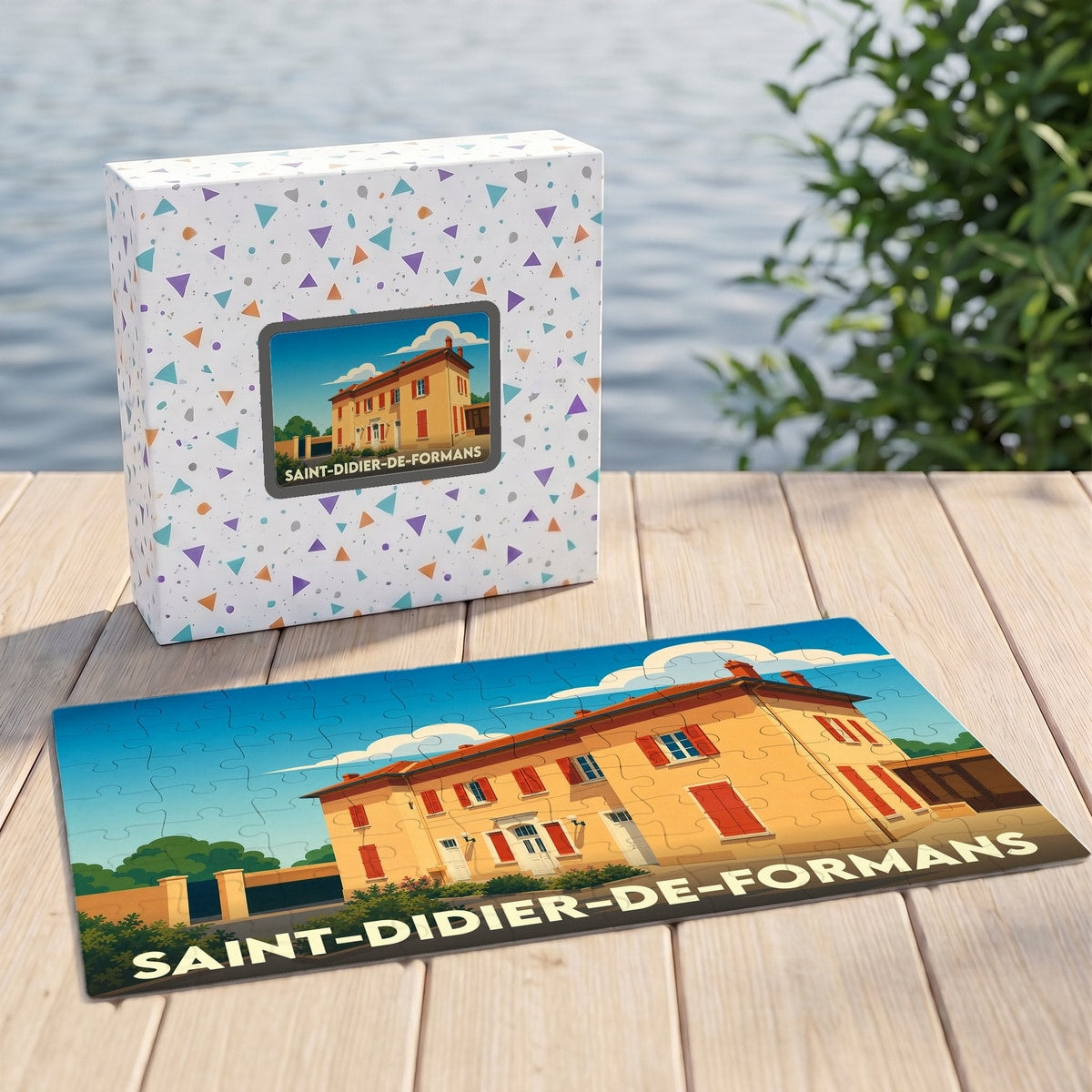 Puzzle souvenir de la ville de Saint-Didier-de-Formans avec une illustration stylisée d'une maison régionale.