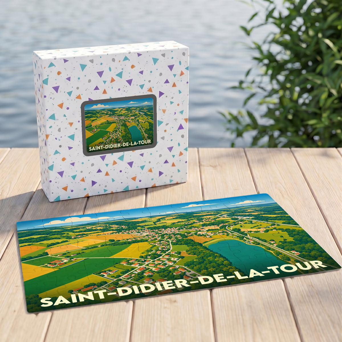 Puzzle souvenir de la ville de Saint-Didier-de-la-Tour avec une illustration stylisée et colorée de ses paysages.
