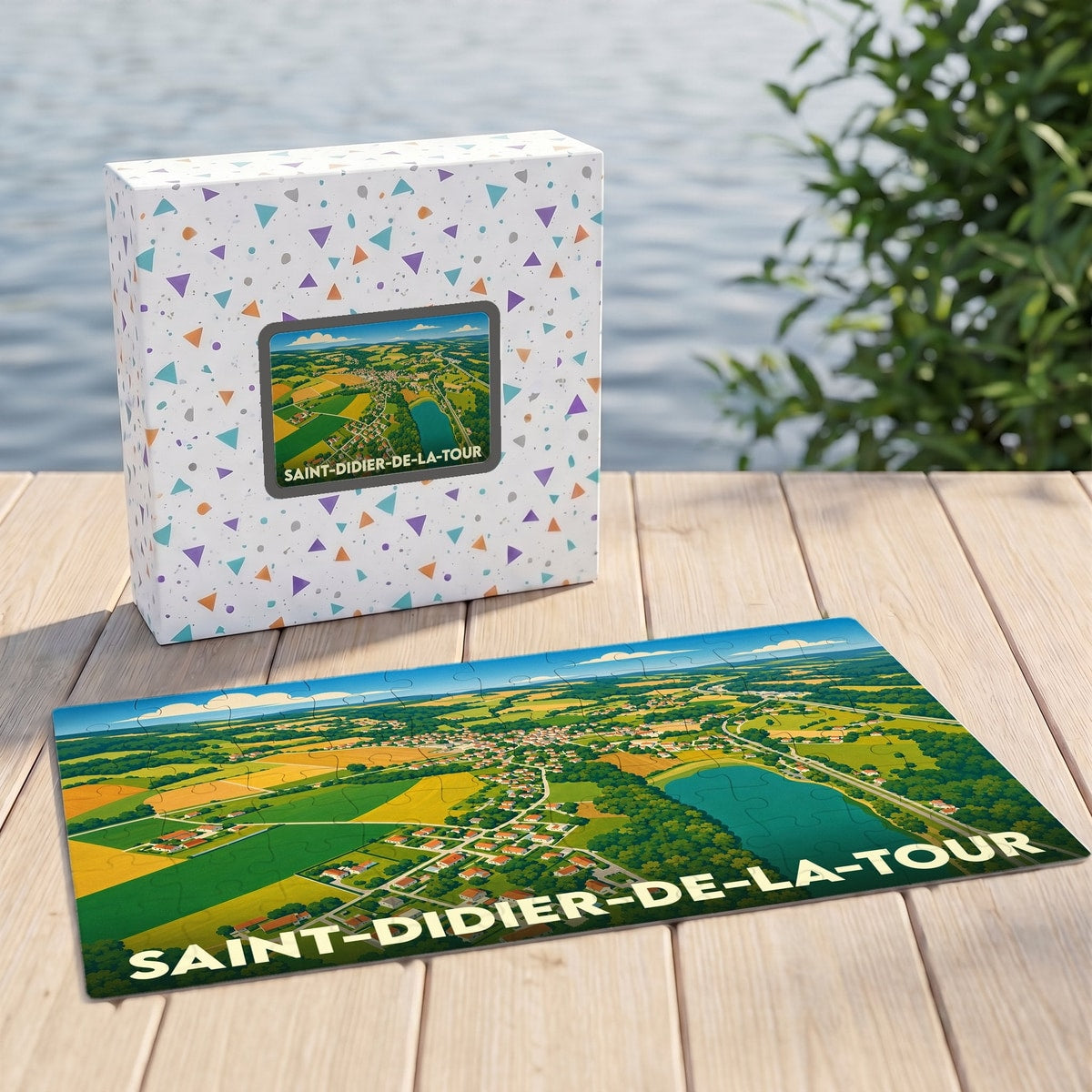 Puzzle souvenir de la ville de Saint-Didier-de-la-Tour avec une illustration stylisée et colorée de ses paysages.